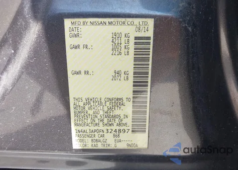 2015 Nissan Altima 2.5/2.5 S/2.5 Sl/2.5 Sv from USA, damaged, VIN 1N4AL3AP0FN324897